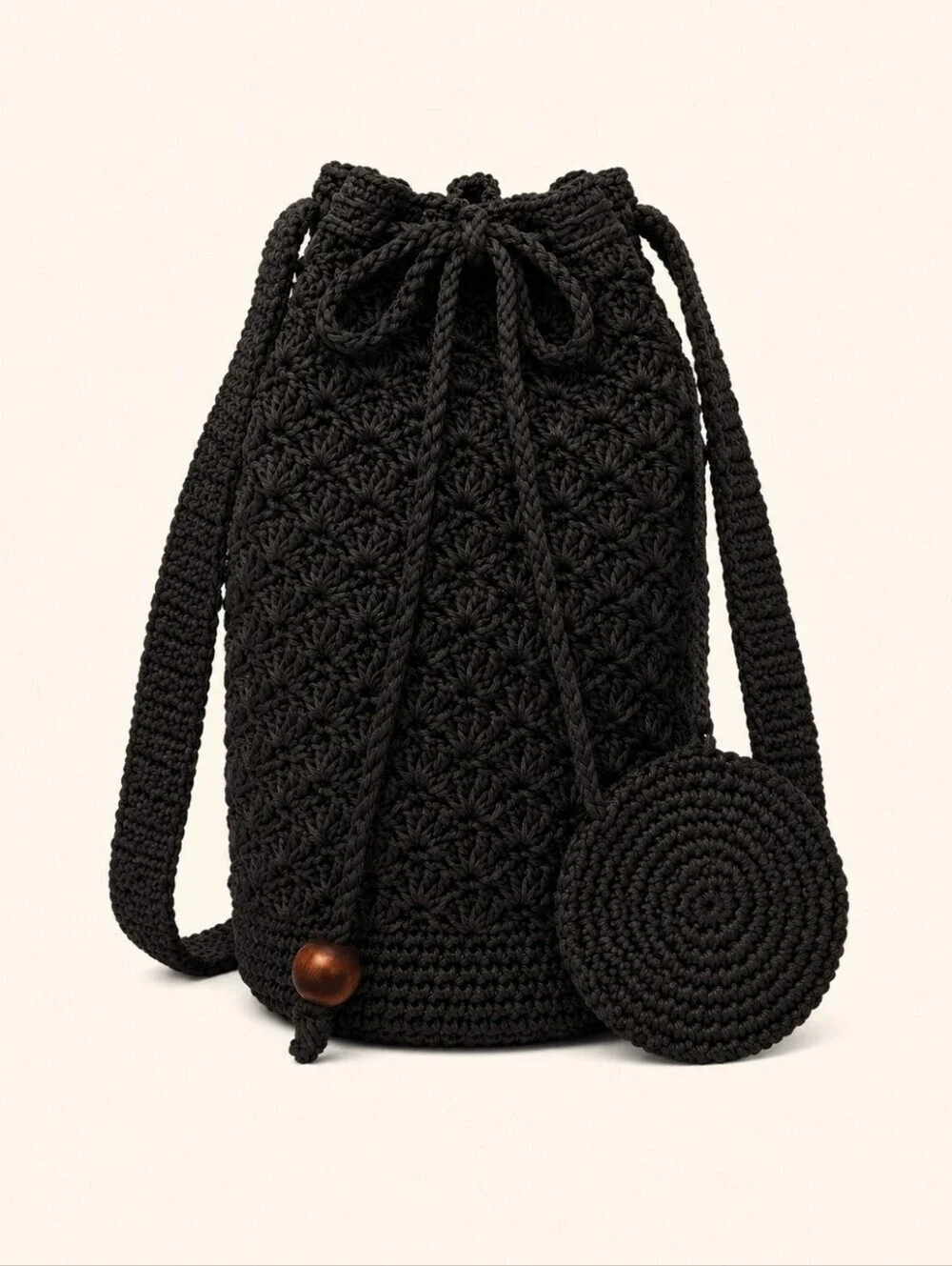Vintage Black Crochet Drawstring Nap Sack Hobo Festival Bag with Coin Pouch